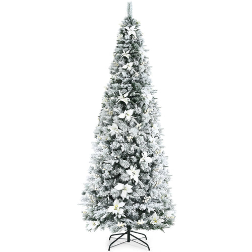 Snow Flocked Christmas Pencil Tree with Berries and Poinsettia Flowers- 8 ft, White