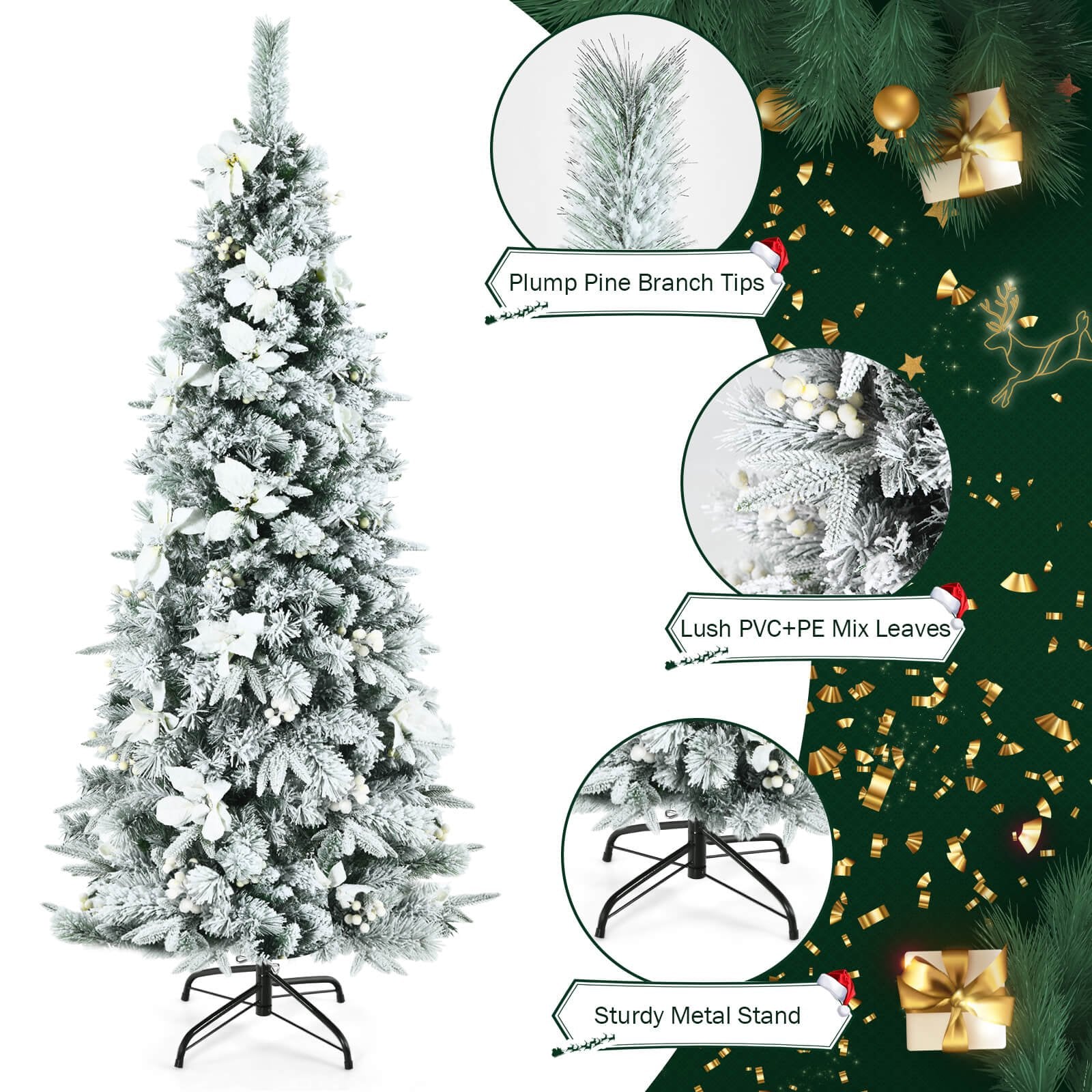 Snow Flocked Christmas Pencil Tree with Berries and Poinsettia Flowers-6 ft, White Christmas Tree   at Gallery Canada