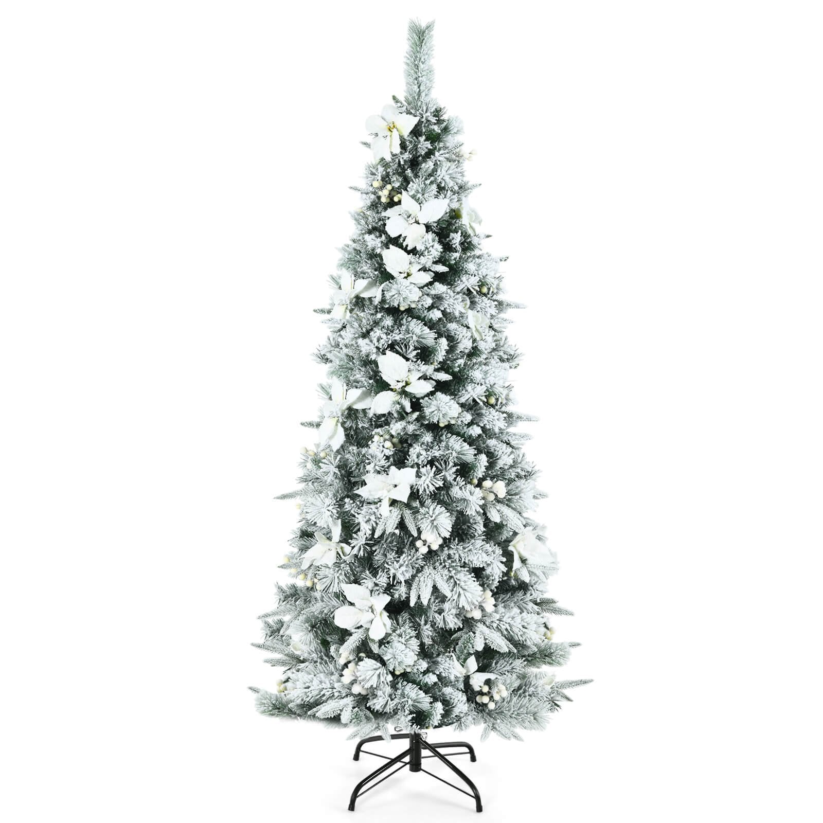 Snow Flocked Christmas Pencil Tree with Berries and Poinsettia Flowers-6 ft, White Christmas Tree   at Gallery Canada