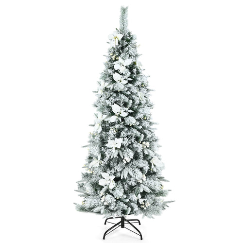 Snow Flocked Christmas Pencil Tree with Berries and Poinsettia Flowers-6 ft, White