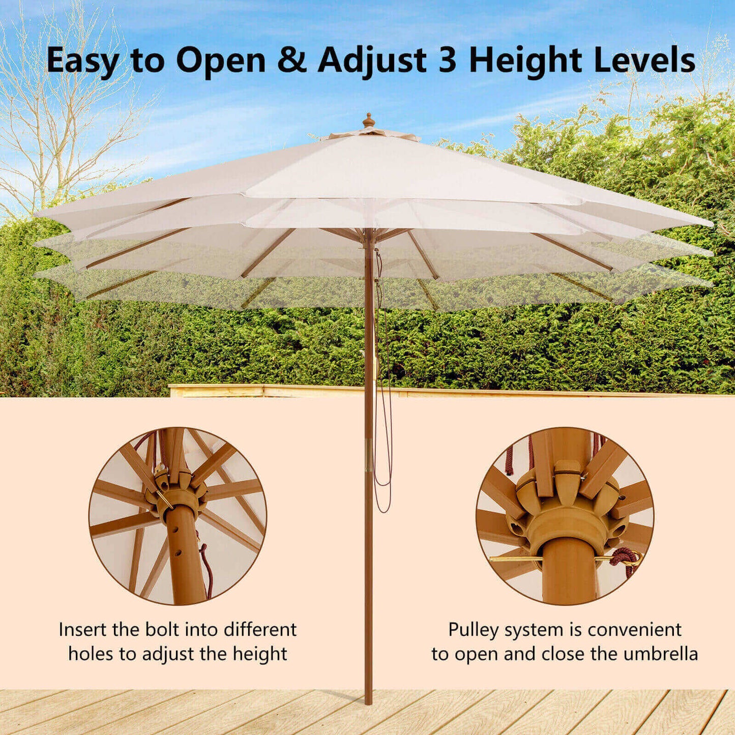 Adjustable 10 Feet Wooden Outdoor Umbrella Sunshade, Beige - Gallery Canada