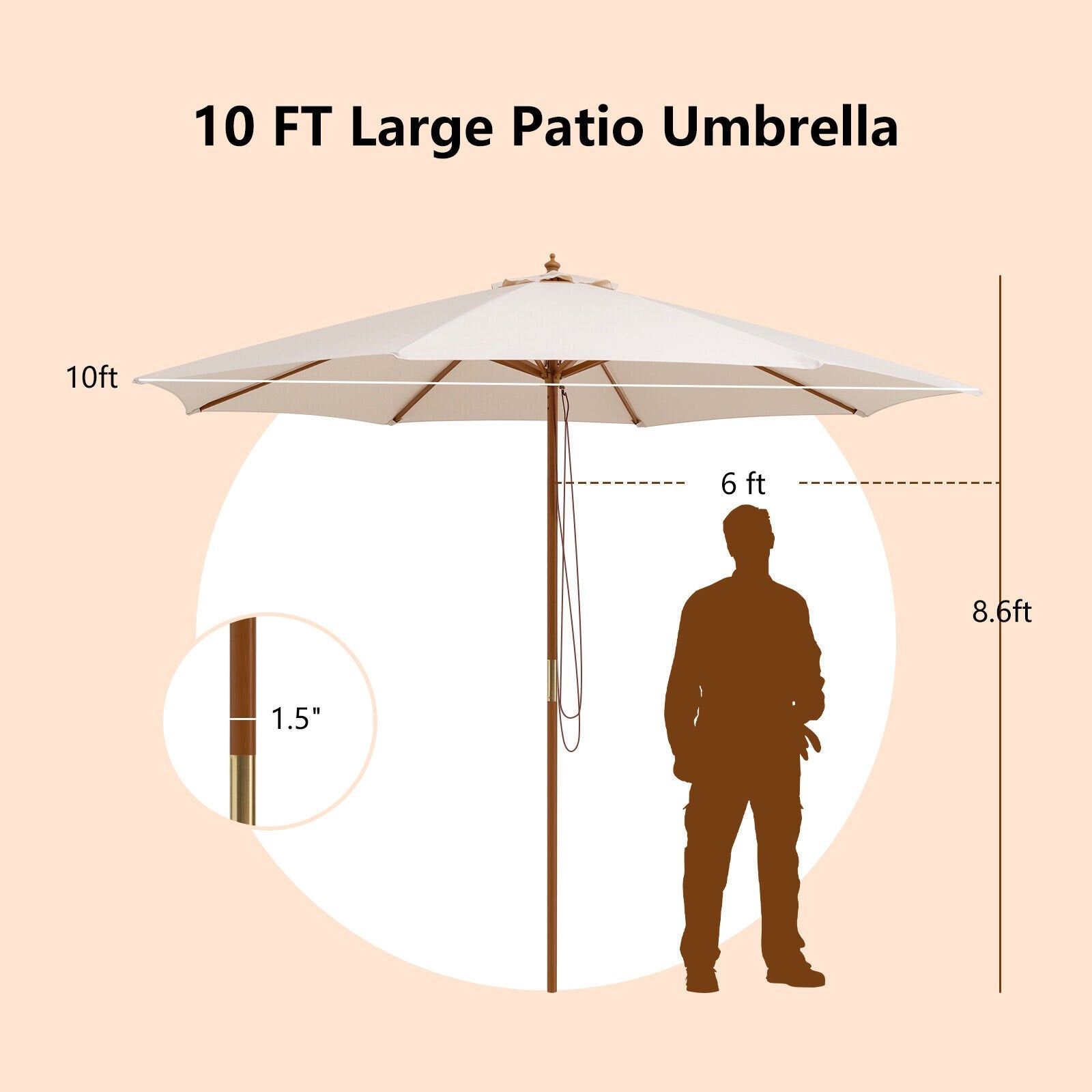 Adjustable 10 Feet Wooden Outdoor Umbrella Sunshade, Beige - Gallery Canada