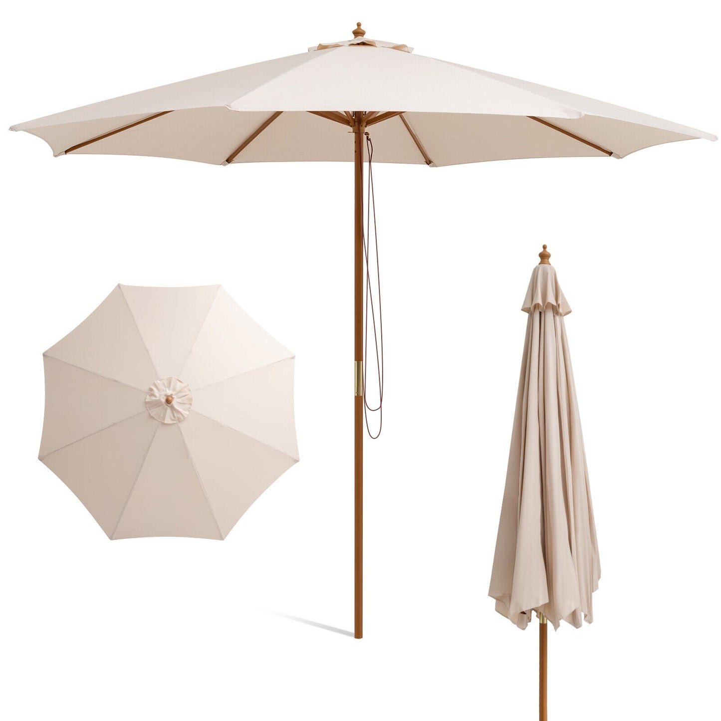 Adjustable 10 Feet Wooden Outdoor Umbrella Sunshade, Beige - Gallery Canada