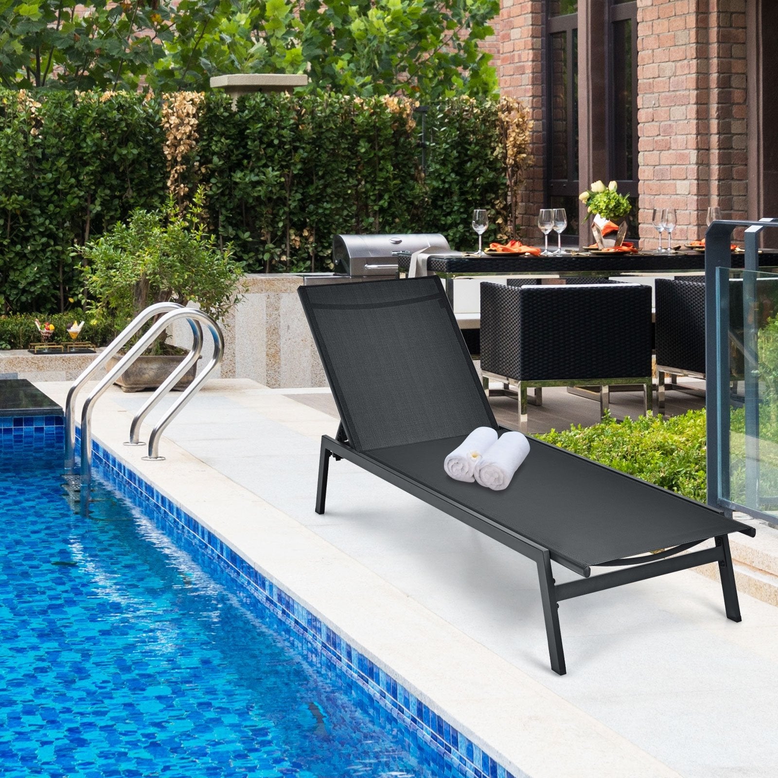 Outdoor Reclining Chaise Lounge Chair with 6-Position Adjustable Back, Black Outdoor Chaise Lounges   at Gallery Canada