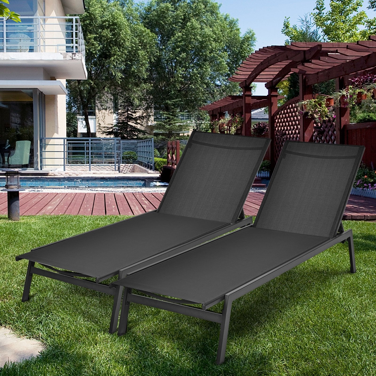 Outdoor Reclining Chaise Lounge Chair with 6-Position Adjustable Back, Black Outdoor Chaise Lounges   at Gallery Canada