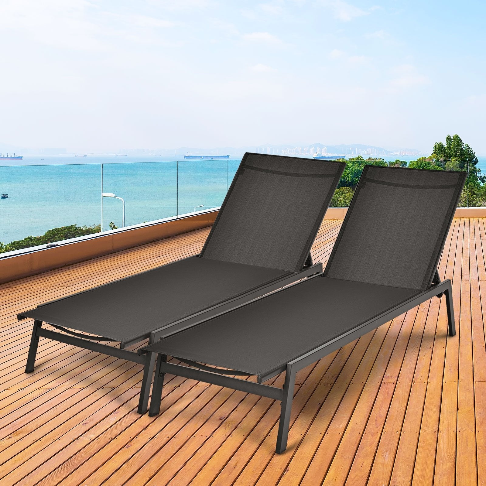 Outdoor Reclining Chaise Lounge Chair with 6-Position Adjustable Back, Black Outdoor Chaise Lounges   at Gallery Canada