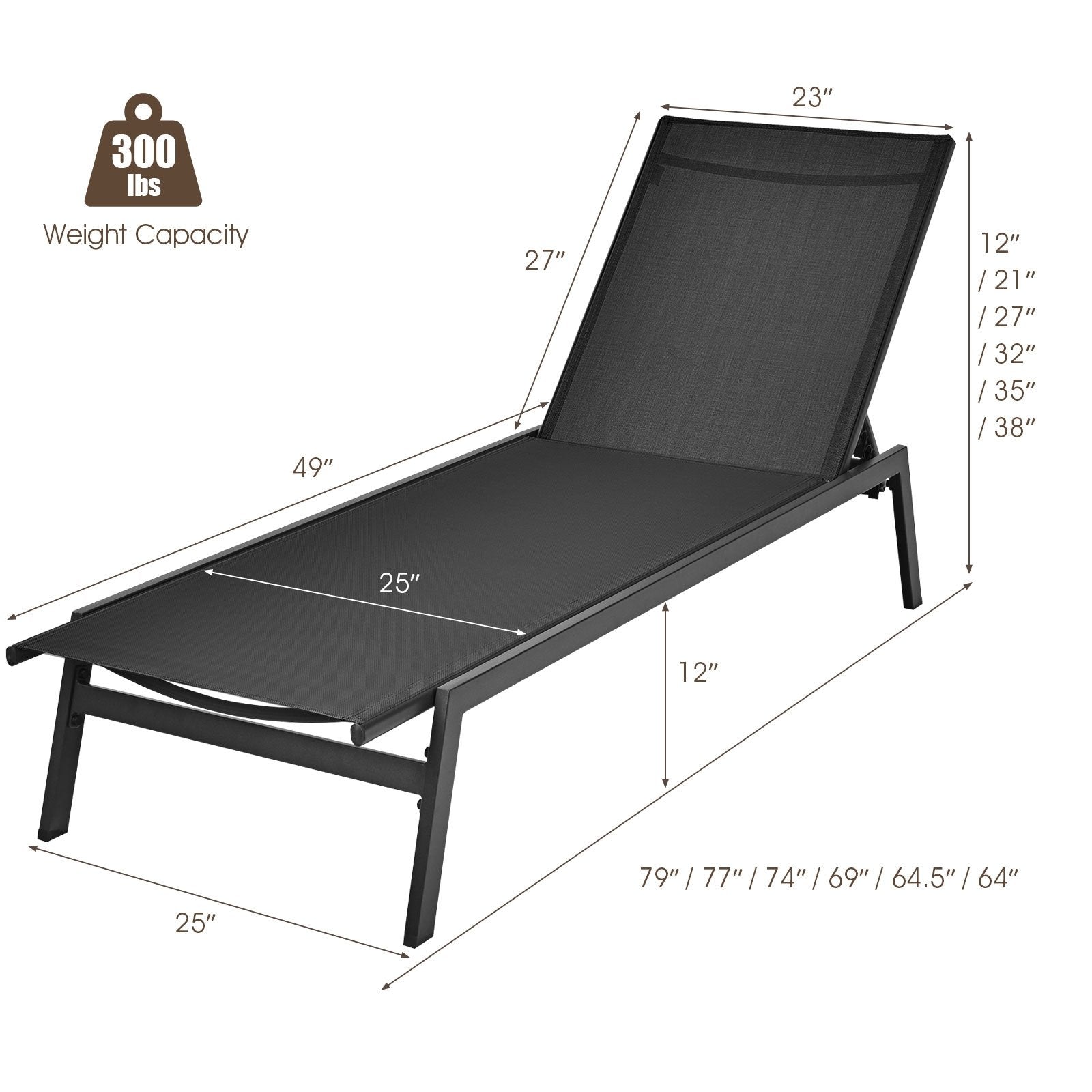 Outdoor Reclining Chaise Lounge Chair with 6-Position Adjustable Back, Black Outdoor Chaise Lounges   at Gallery Canada