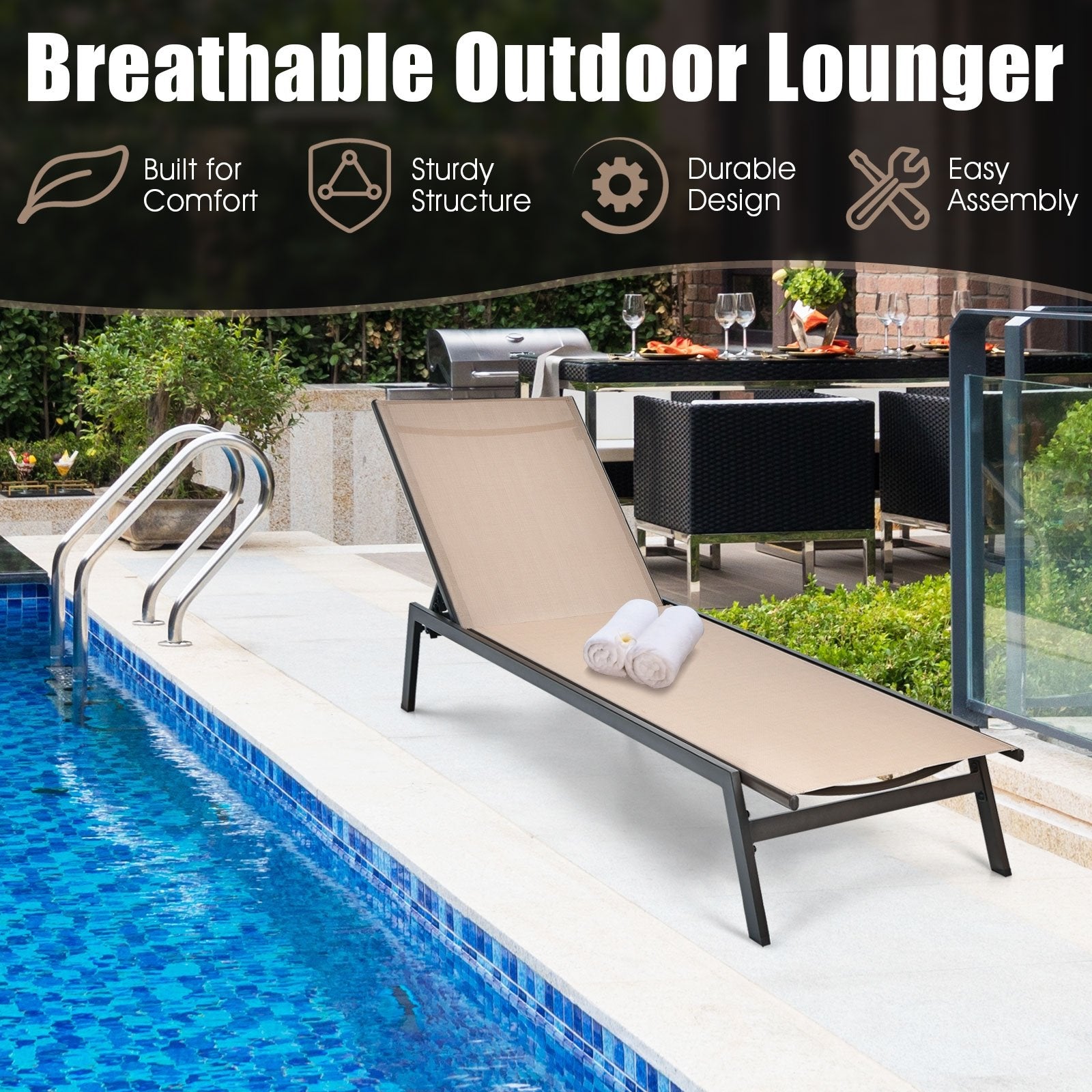 Outdoor Reclining Chaise Lounge Chair with 6-Position Adjustable Back, Brown - Gallery Canada