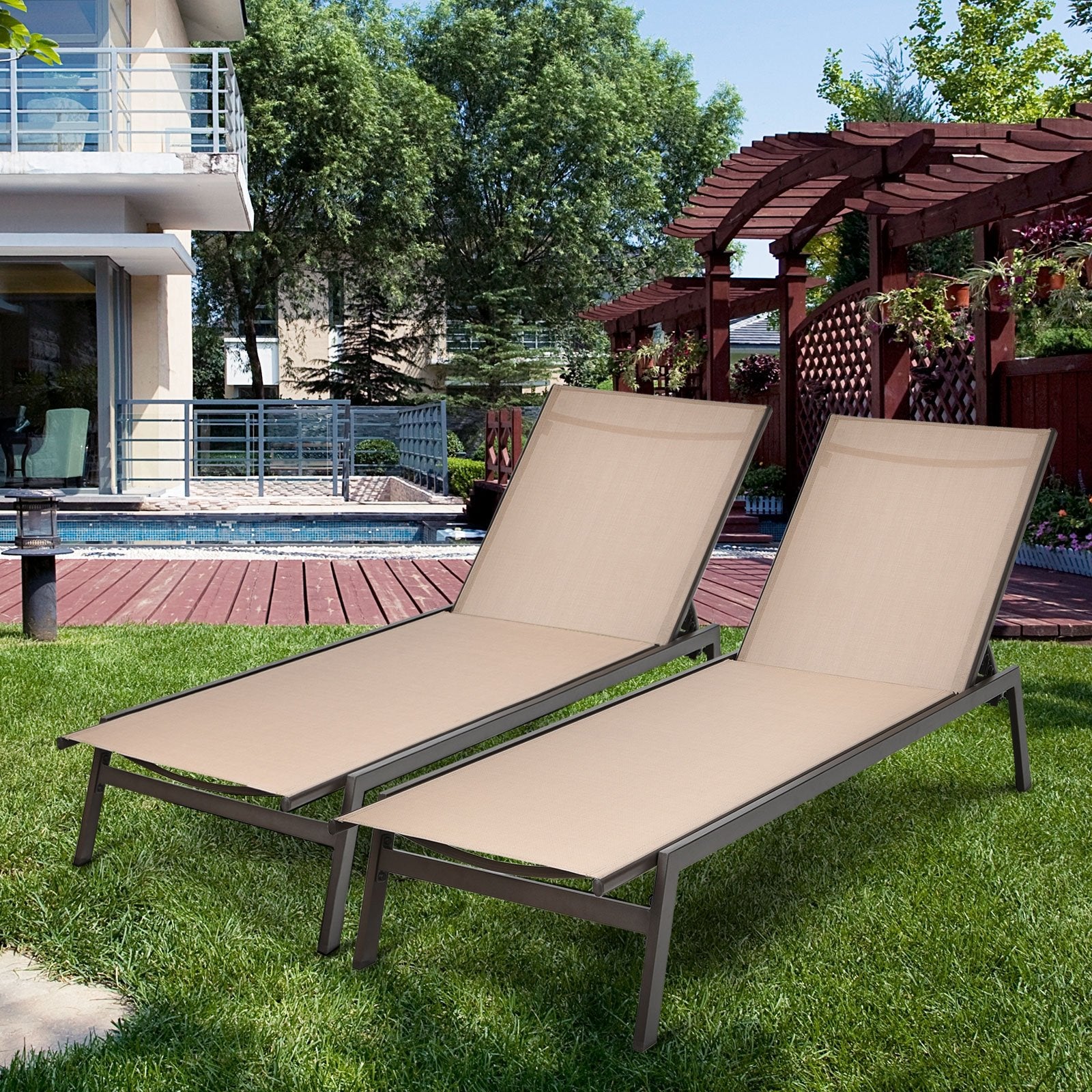 Outdoor Reclining Chaise Lounge Chair with 6-Position Adjustable Back, Brown Outdoor Chaise Lounges   at Gallery Canada