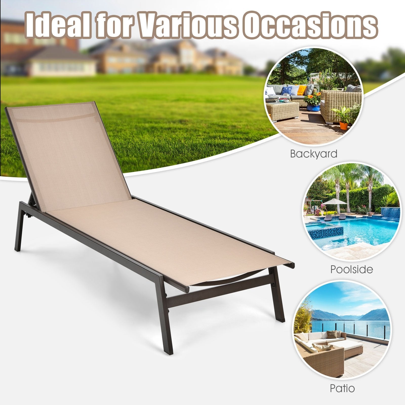 Outdoor Reclining Chaise Lounge Chair with 6-Position Adjustable Back, Brown Outdoor Chaise Lounges   at Gallery Canada