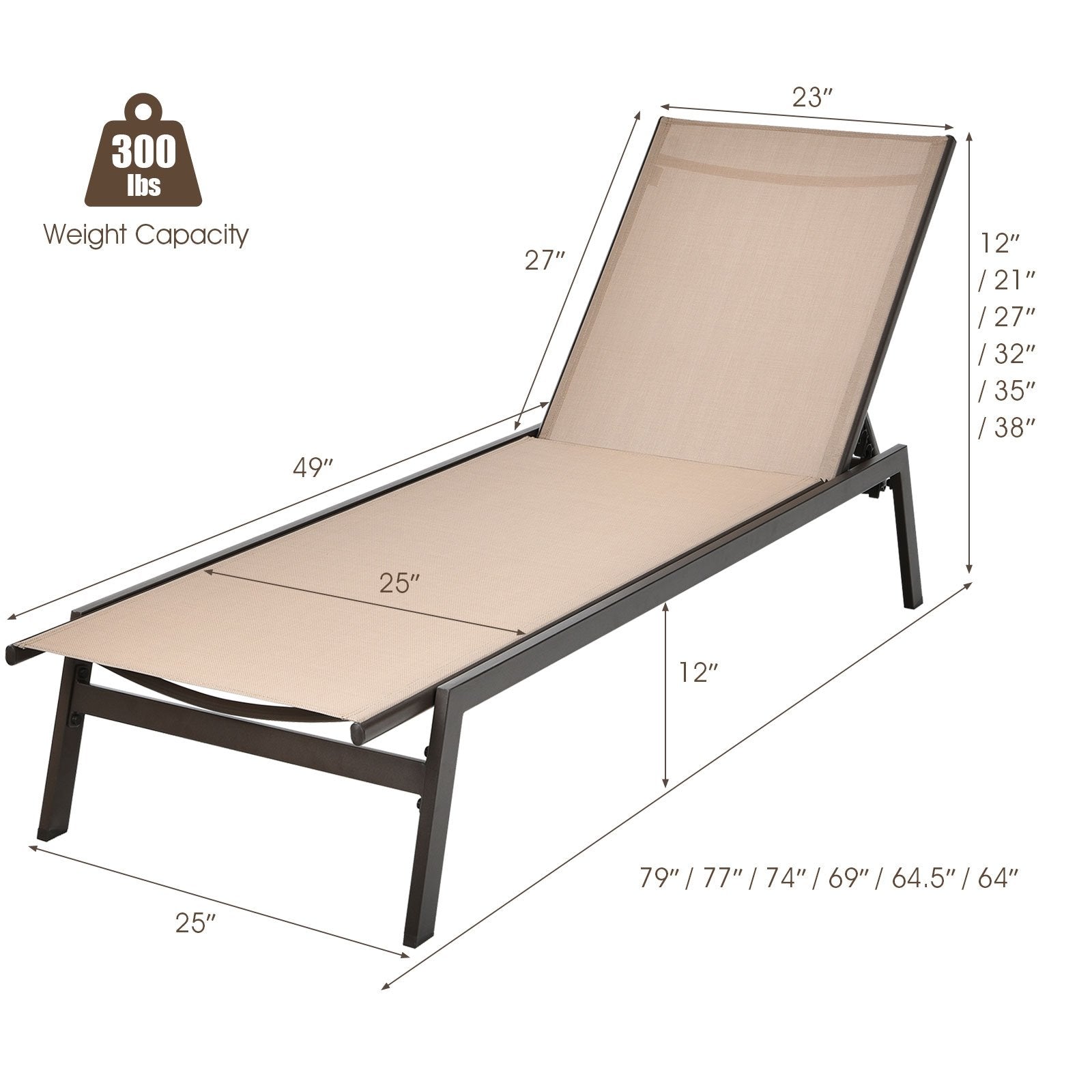 Outdoor Reclining Chaise Lounge Chair with 6-Position Adjustable Back, Brown Outdoor Chaise Lounges   at Gallery Canada