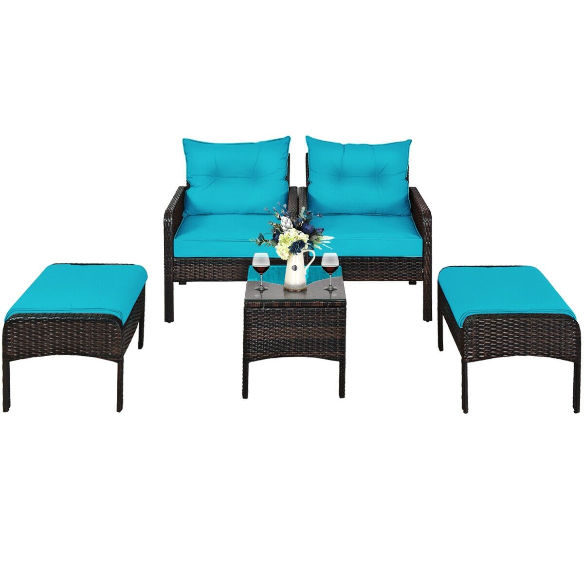 5 Pcs Patio Rattan Sofa Ottoman Furniture Set with Cushions, Turquoise Patio Furniture Sets   at Gallery Canada