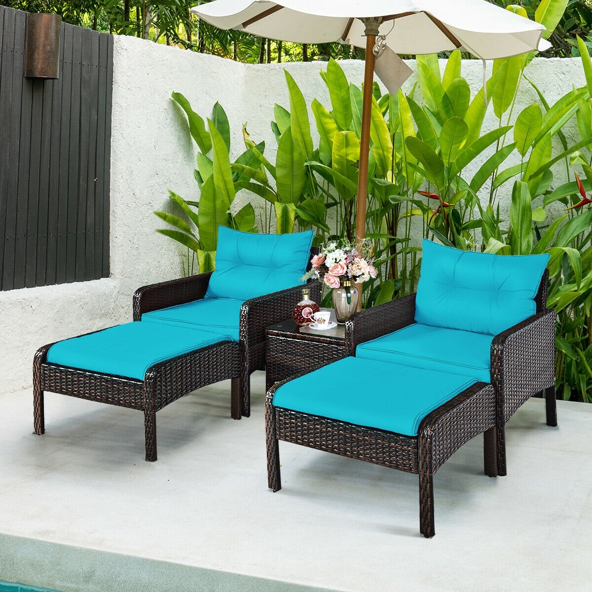 5 Pcs Patio Rattan Sofa Ottoman Furniture Set with Cushions, Turquoise Patio Furniture Sets   at Gallery Canada