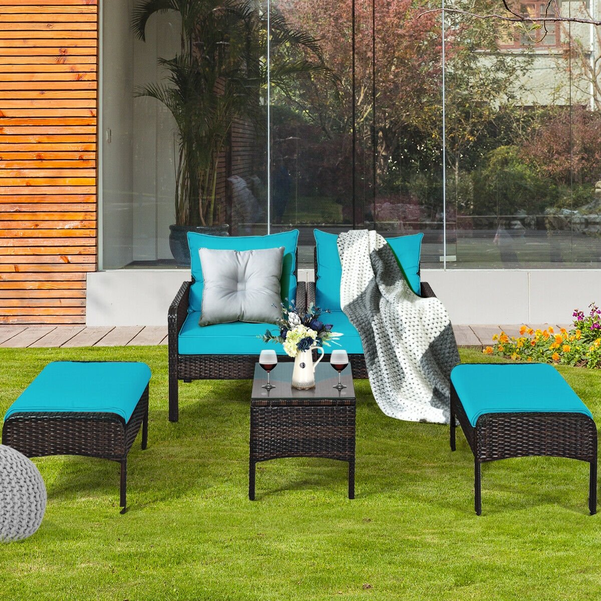 5 Pcs Patio Rattan Sofa Ottoman Furniture Set with Cushions, Turquoise Patio Furniture Sets   at Gallery Canada