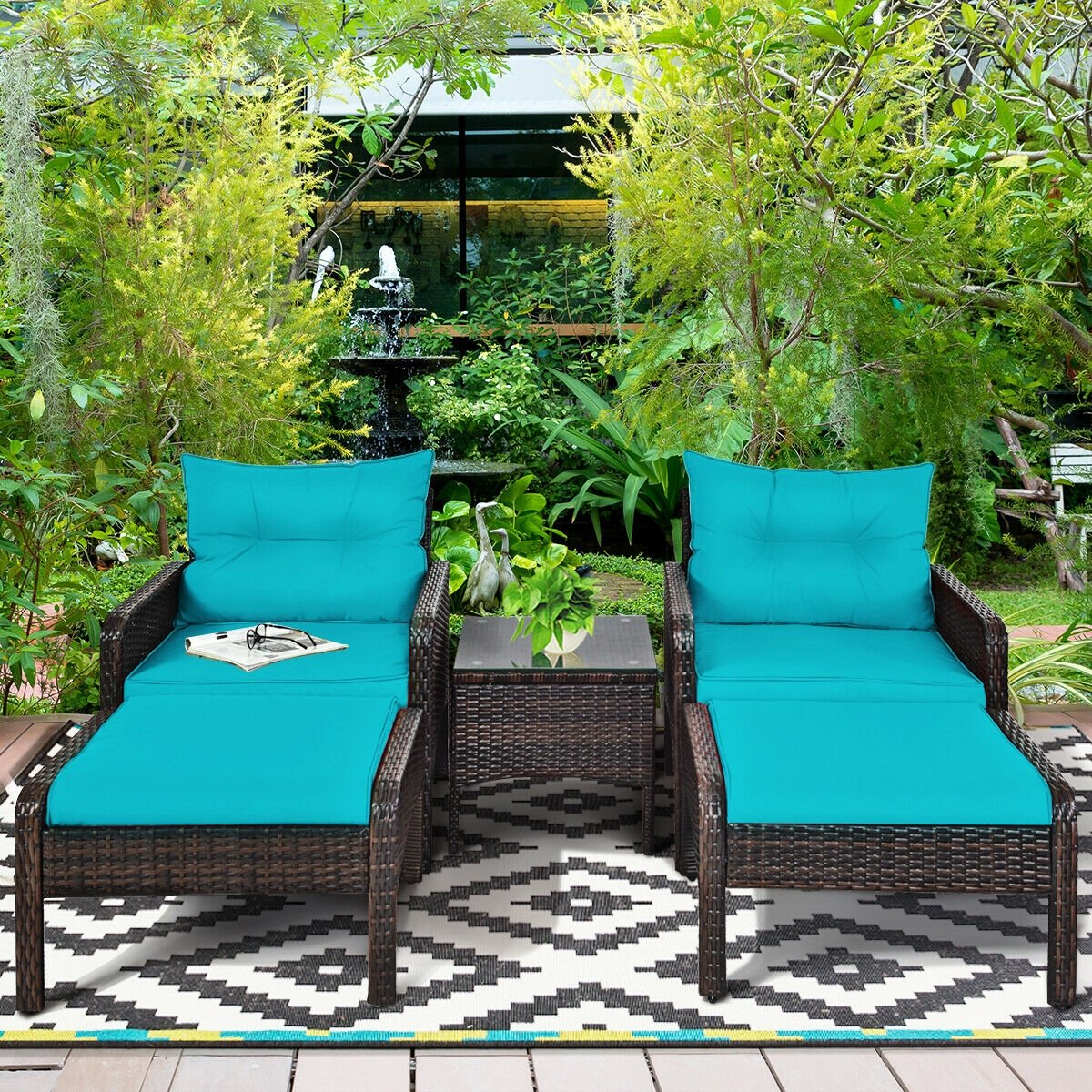 5 Pcs Patio Rattan Sofa Ottoman Furniture Set with Cushions, Turquoise Patio Furniture Sets   at Gallery Canada