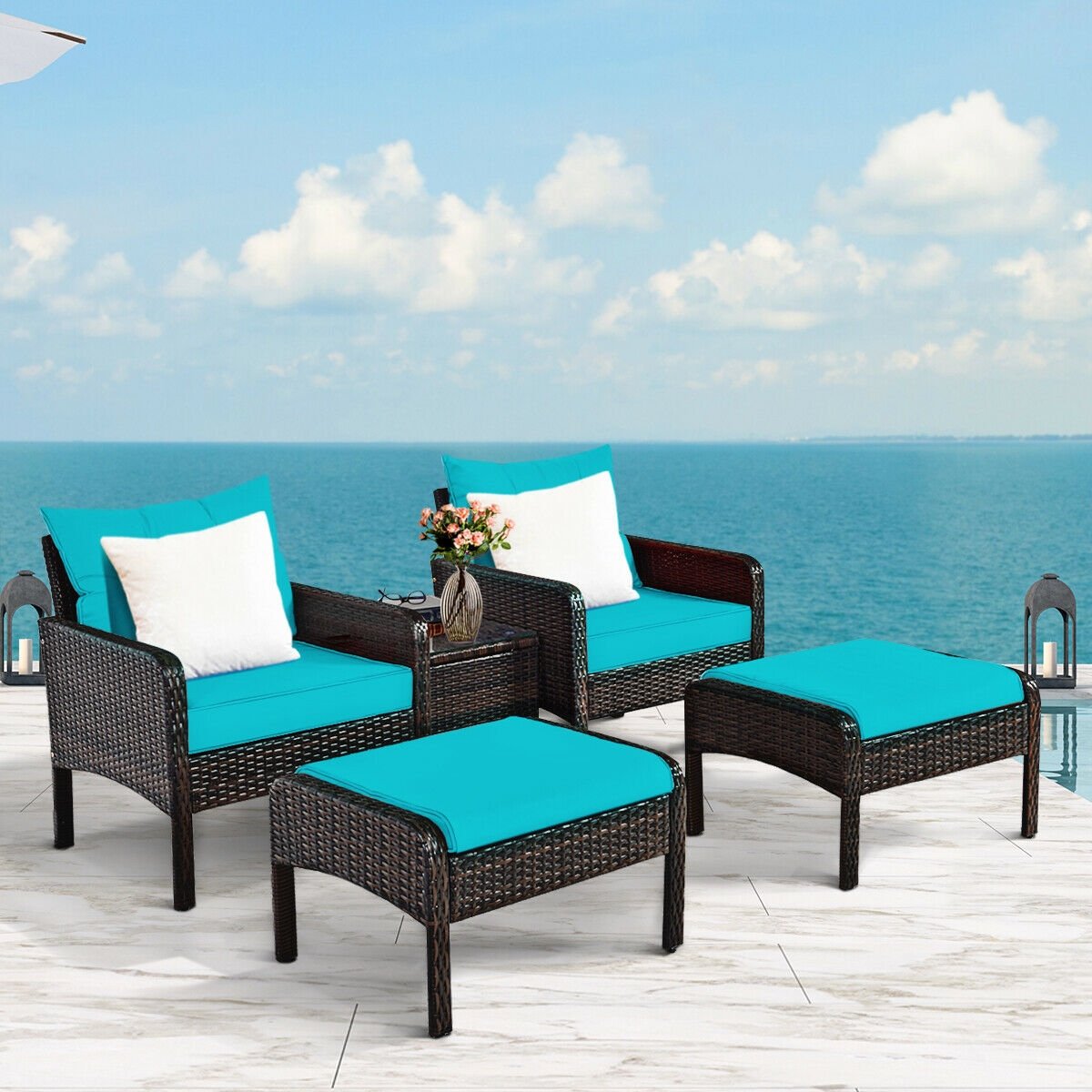 5 Pcs Patio Rattan Sofa Ottoman Furniture Set with Cushions, Turquoise Patio Furniture Sets   at Gallery Canada