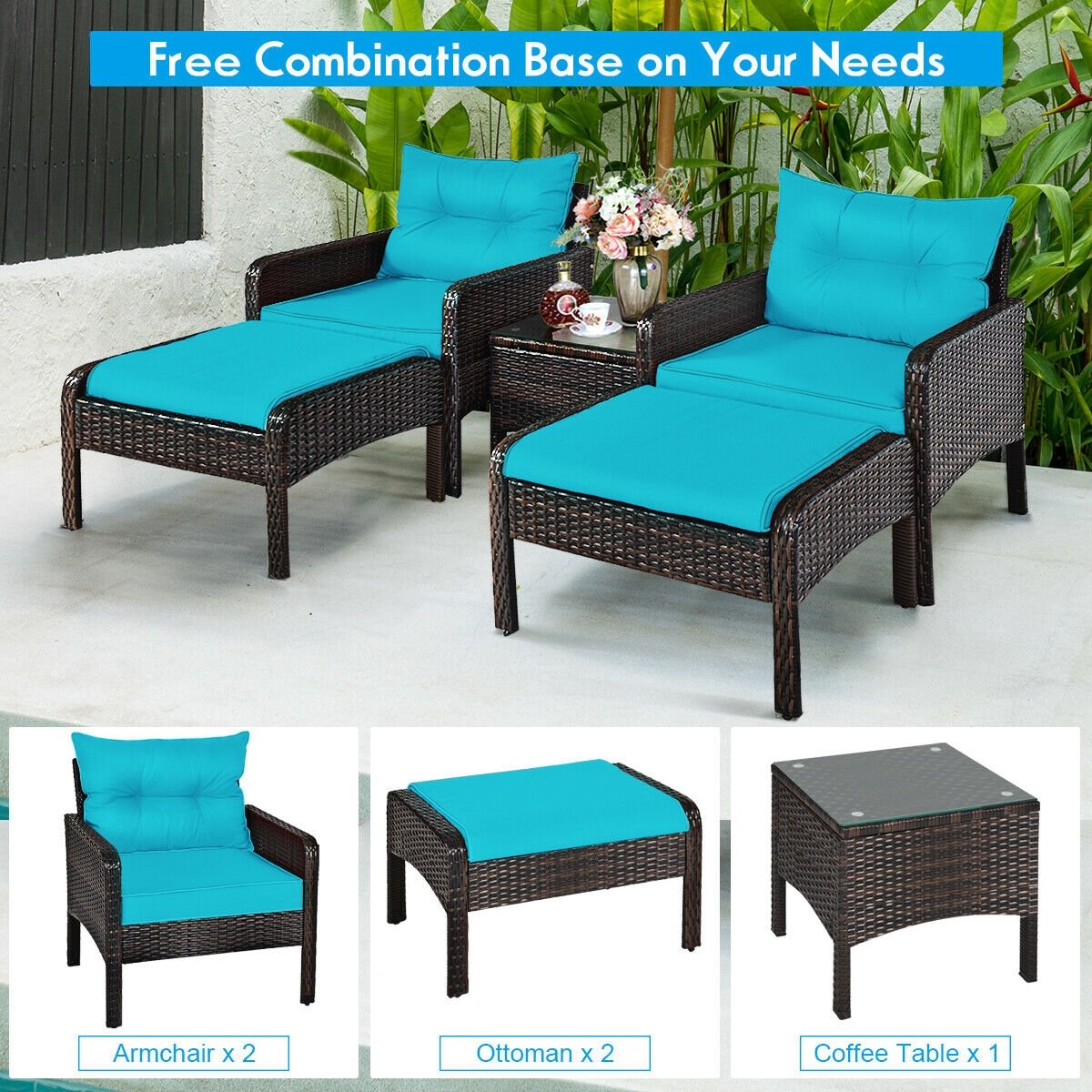 5 Pcs Patio Rattan Sofa Ottoman Furniture Set with Cushions, Turquoise Patio Furniture Sets   at Gallery Canada