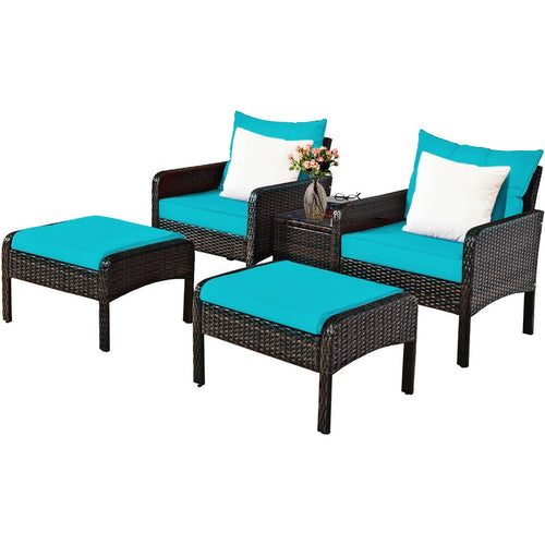 5 Pcs Patio Rattan Sofa Ottoman Furniture Set with Cushions, Turquoise