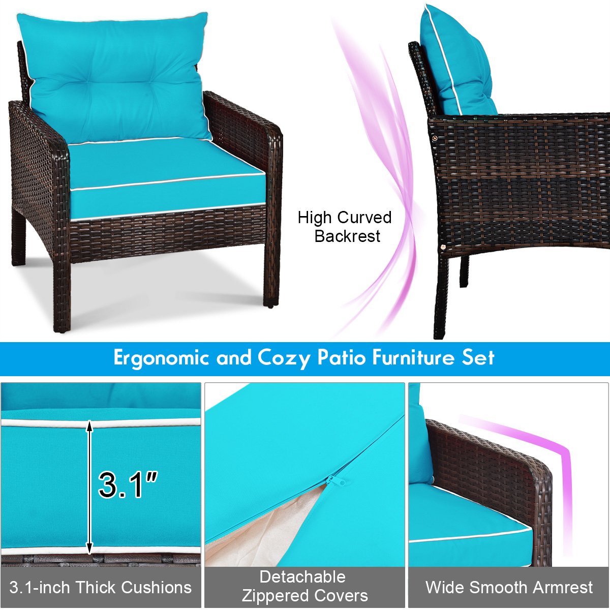 5 Pcs Patio Rattan Sofa Ottoman Furniture Set with Cushions, Turquoise Patio Furniture Sets   at Gallery Canada