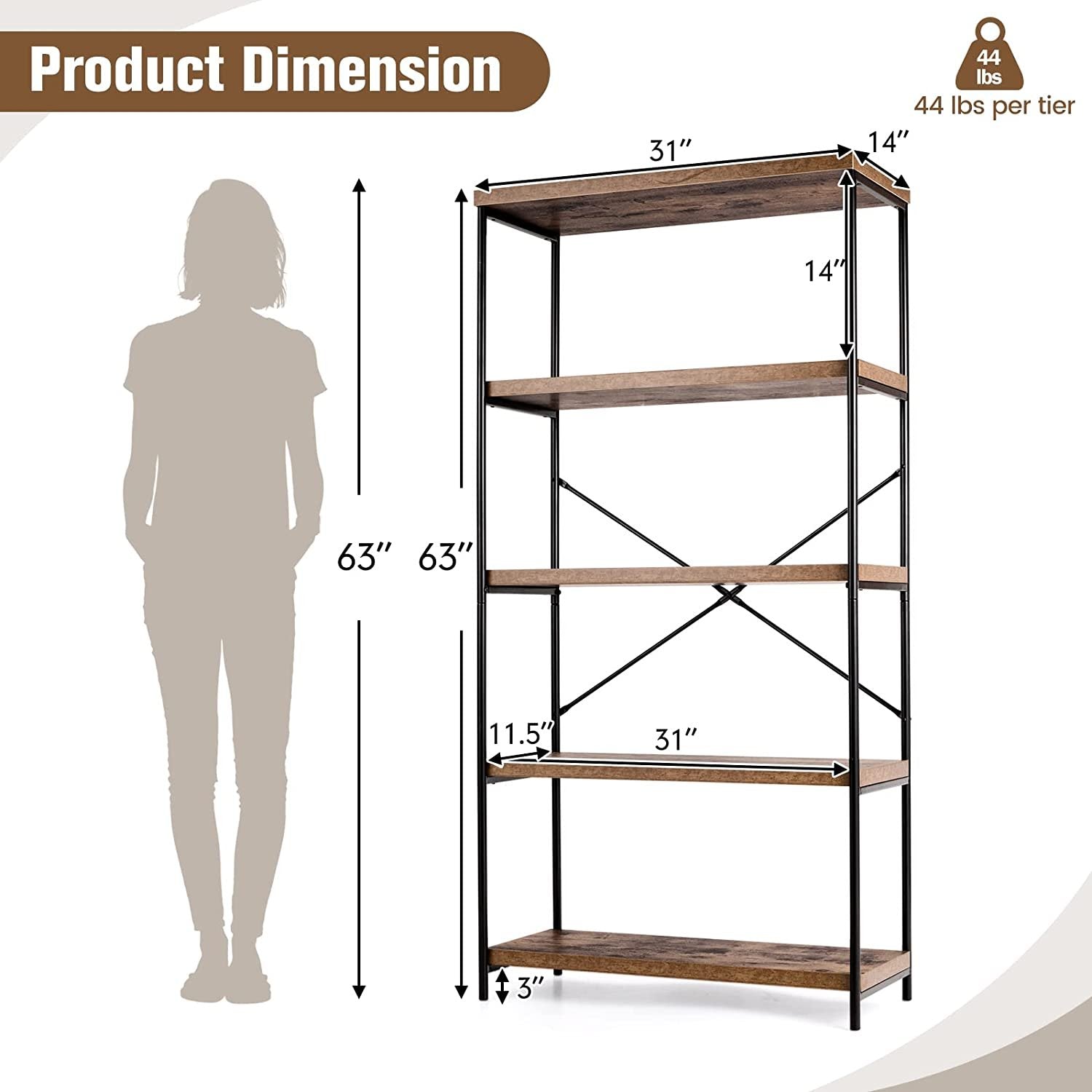 Multipurpose Open Bookcase Industrial Rack Wide Standing Storage Shelf, Brown Bookcases   at Gallery Canada