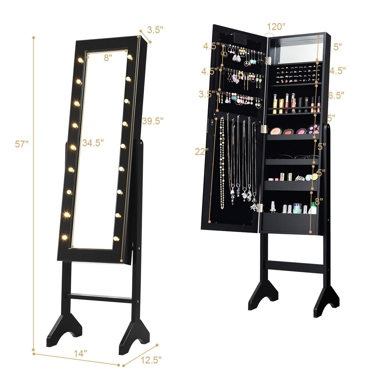 Mirrored Jewelry Cabinet Armoire Organizer w/ LED lights, Black Jewelry Armoires   at Gallery Canada