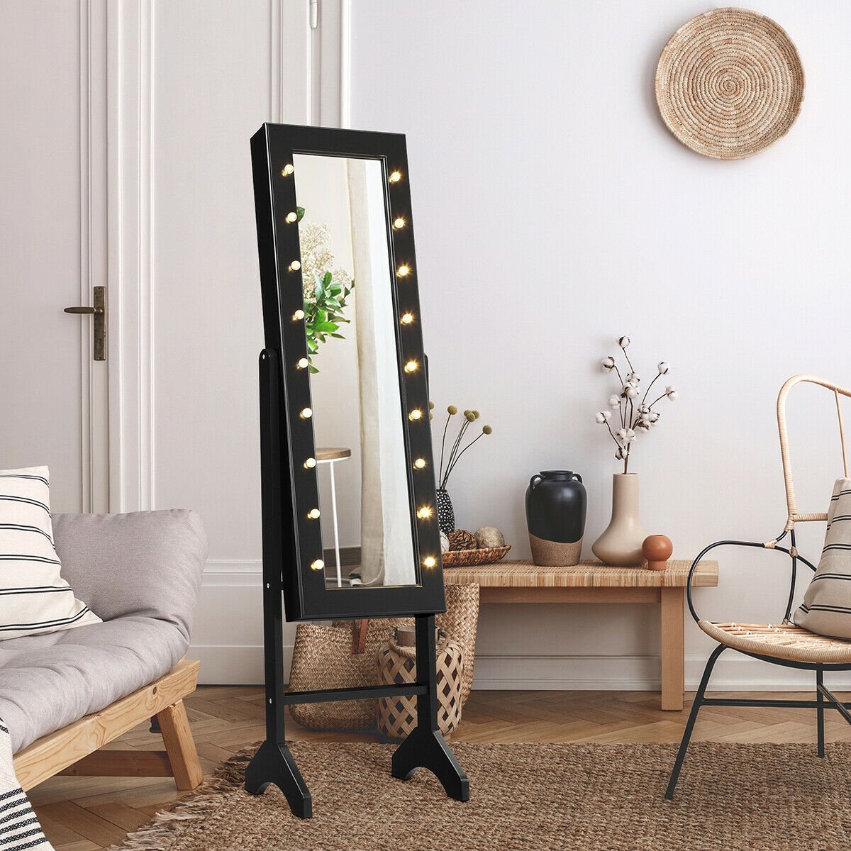 Mirrored Jewelry Cabinet Armoire Organizer w/ LED lights, Black Jewelry Armoires   at Gallery Canada