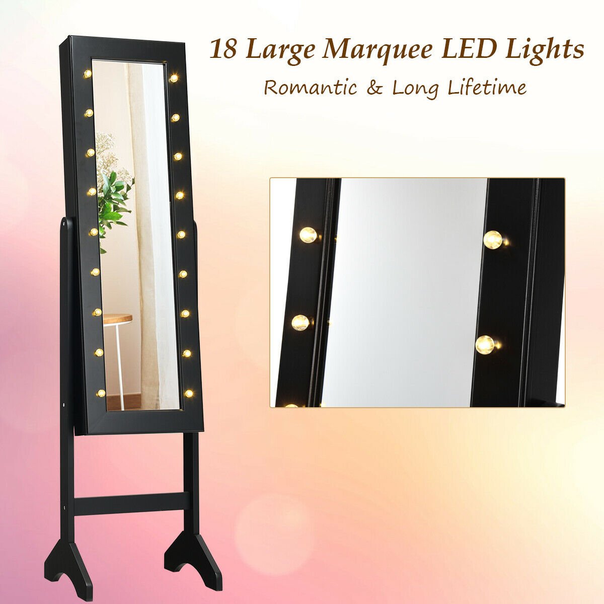 Mirrored Jewelry Cabinet Armoire Organizer w/ LED lights, Black Jewelry Armoires   at Gallery Canada