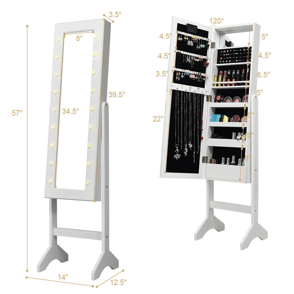 Mirrored Jewelry Cabinet Armoire Organizer w/ LED lights, White Jewelry Armoires   at Gallery Canada