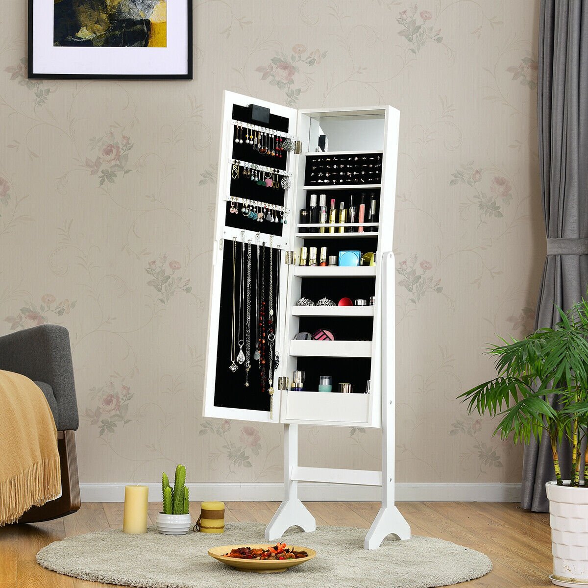 Mirrored Jewelry Cabinet Armoire Organizer w/ LED lights, White Jewelry Armoires   at Gallery Canada