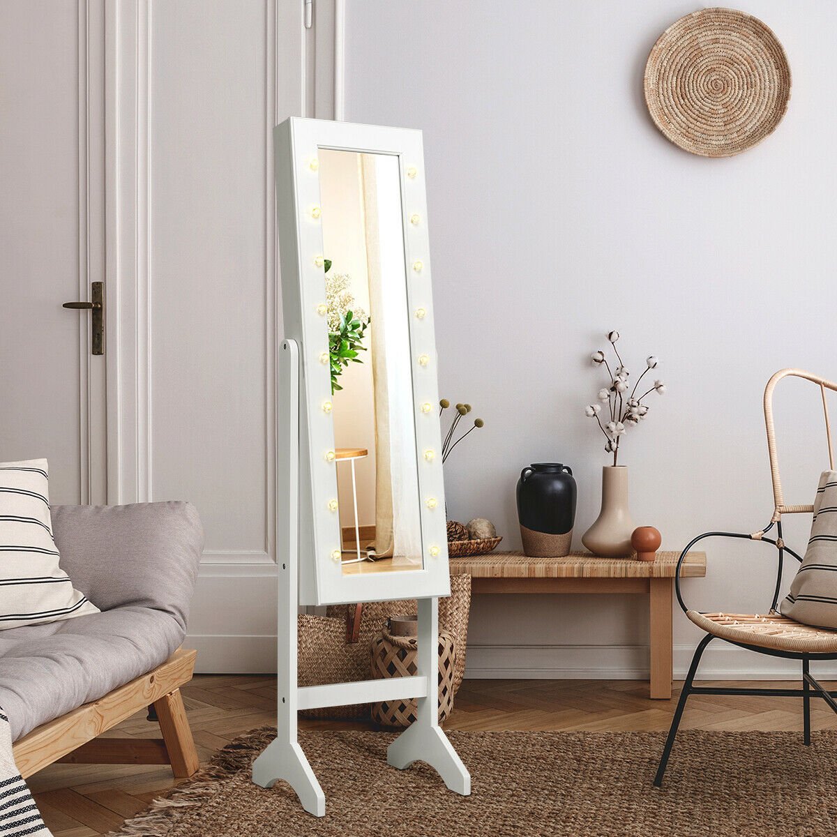 Mirrored Jewelry Cabinet Armoire Organizer w/ LED lights, White Jewelry Armoires   at Gallery Canada