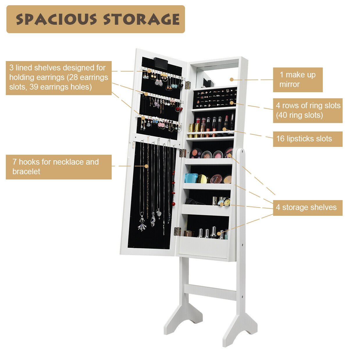 Mirrored Jewelry Cabinet Armoire Organizer w/ LED lights, White Jewelry Armoires   at Gallery Canada