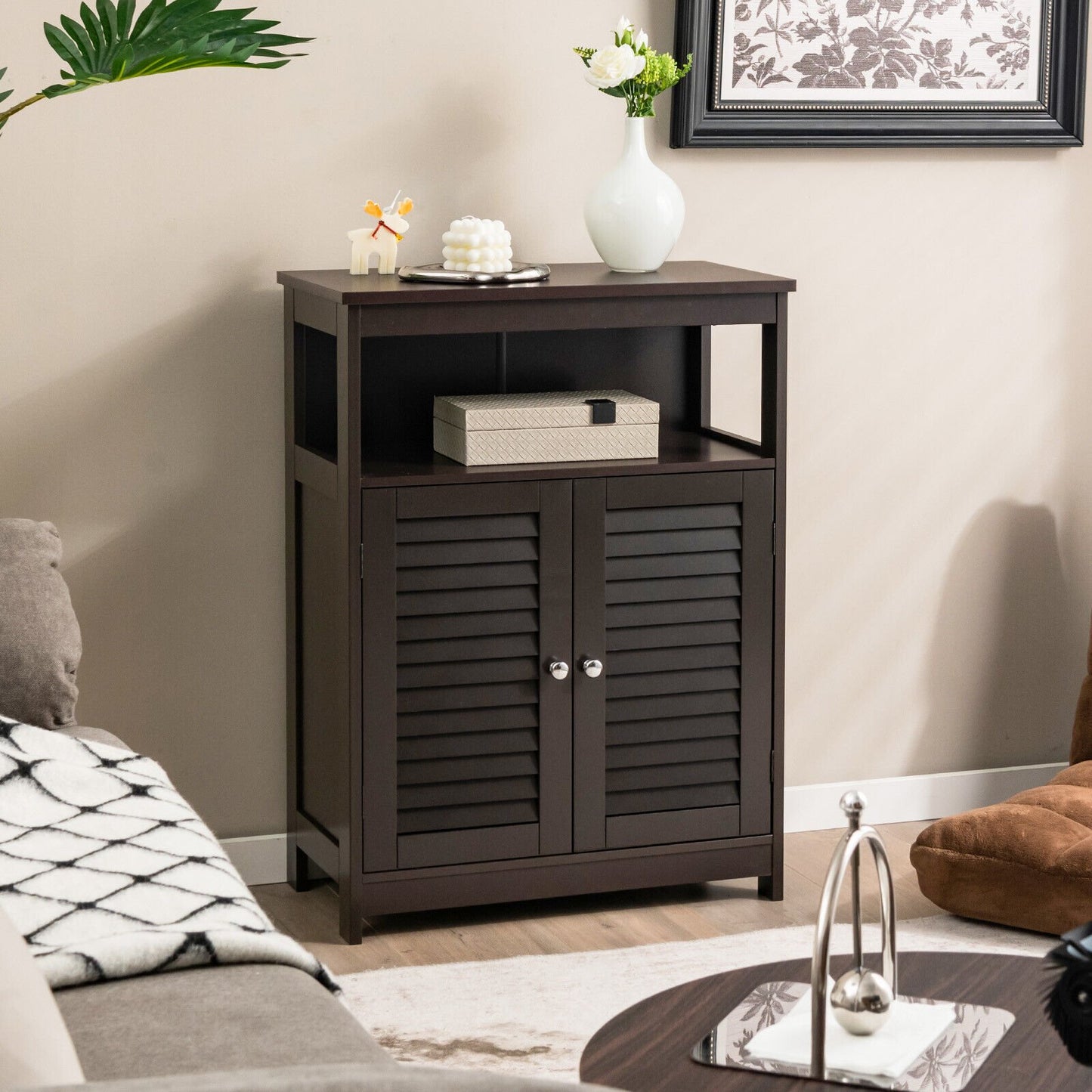 Wood Freestanding Bathroom Storage Cabinet with Double Shutter Door, Brown Floor Cabinets   at Gallery Canada