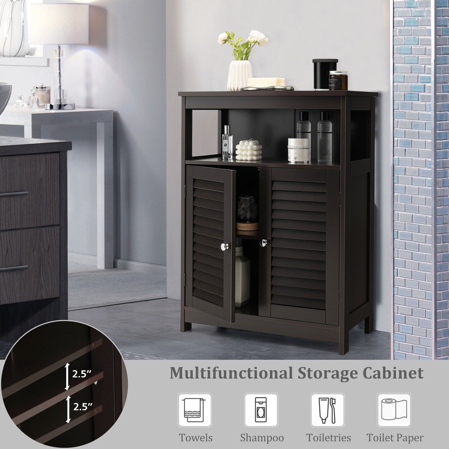 Wood Freestanding Bathroom Storage Cabinet with Double Shutter Door, Brown Floor Cabinets   at Gallery Canada