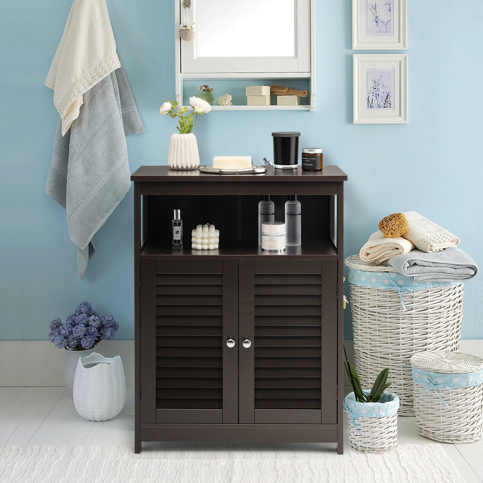 Wood Freestanding Bathroom Storage Cabinet with Double Shutter Door, Brown Floor Cabinets   at Gallery Canada