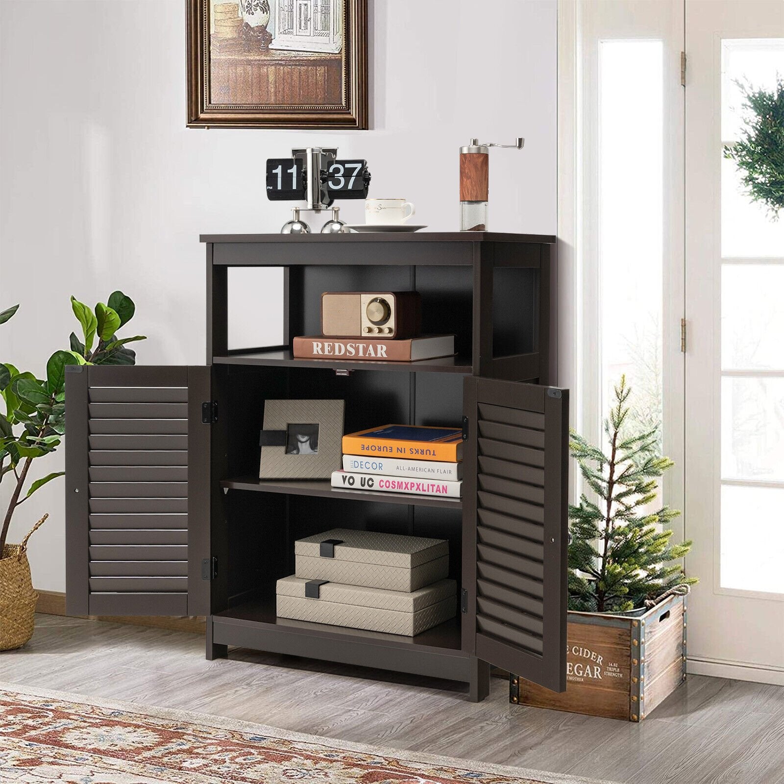 Wood Freestanding Bathroom Storage Cabinet with Double Shutter Door, Brown Floor Cabinets   at Gallery Canada