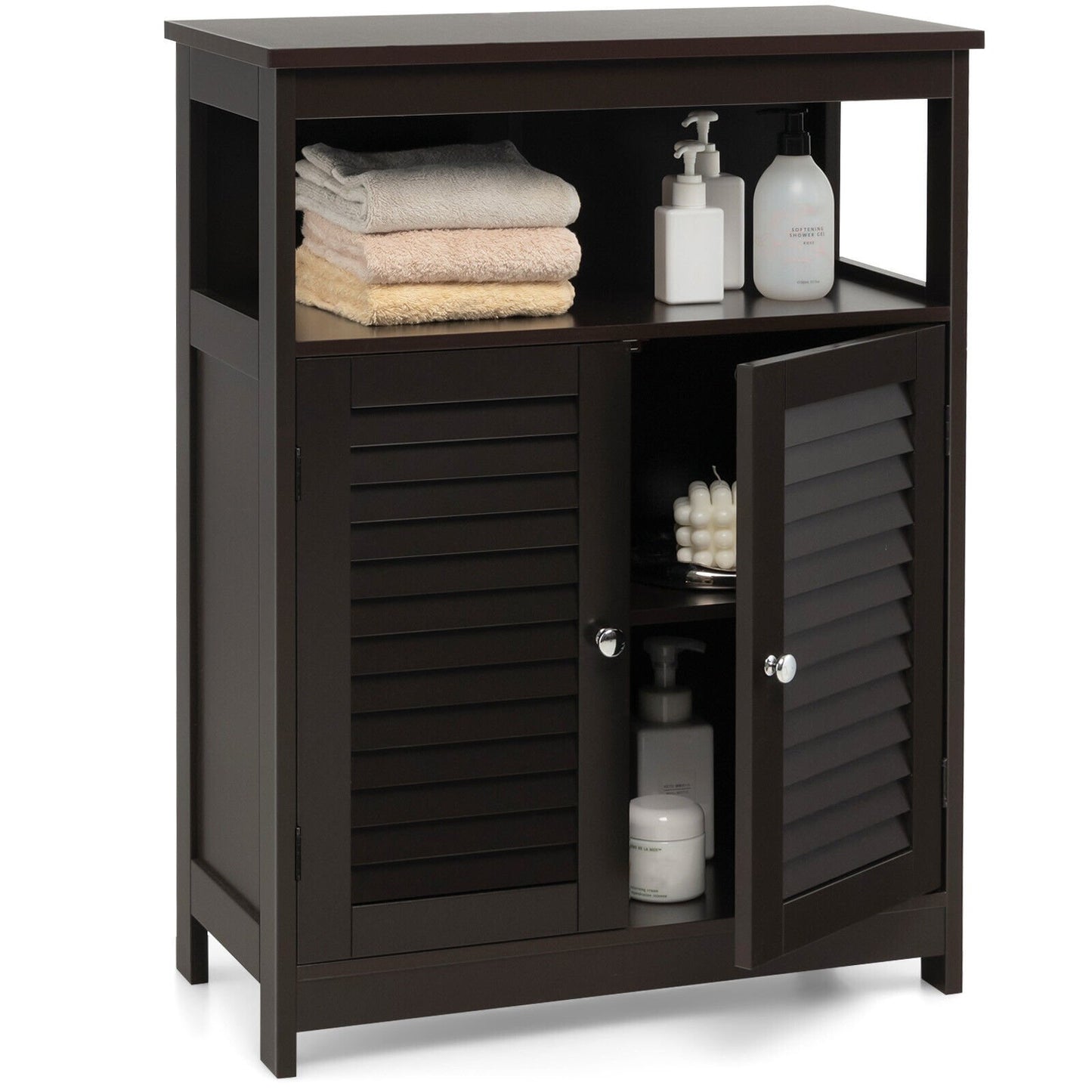 Wood Freestanding Bathroom Storage Cabinet with Double Shutter Door, Brown Floor Cabinets   at Gallery Canada