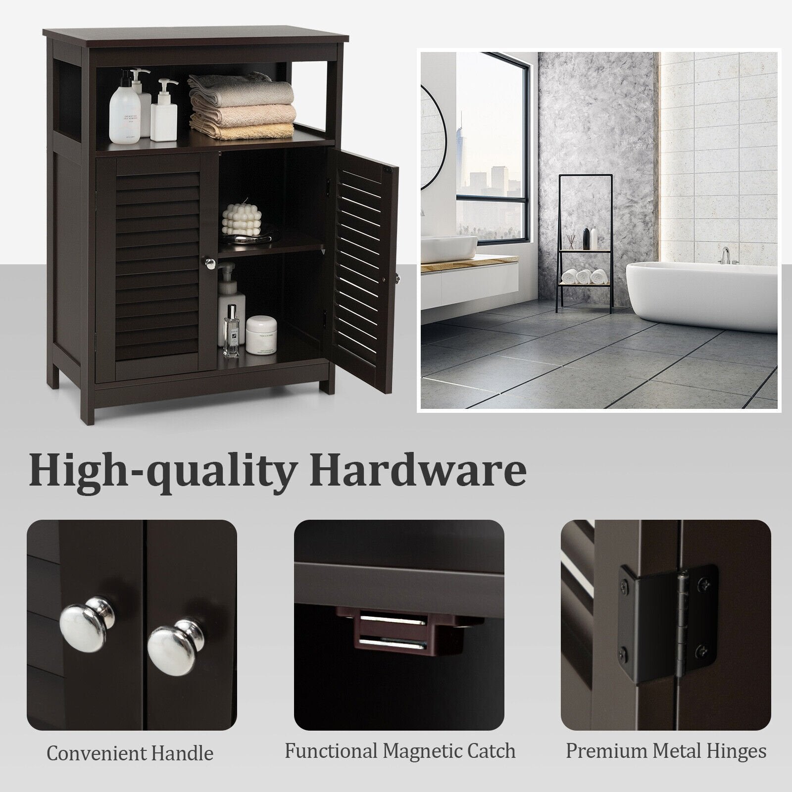 Wood Freestanding Bathroom Storage Cabinet with Double Shutter Door, Brown Floor Cabinets   at Gallery Canada