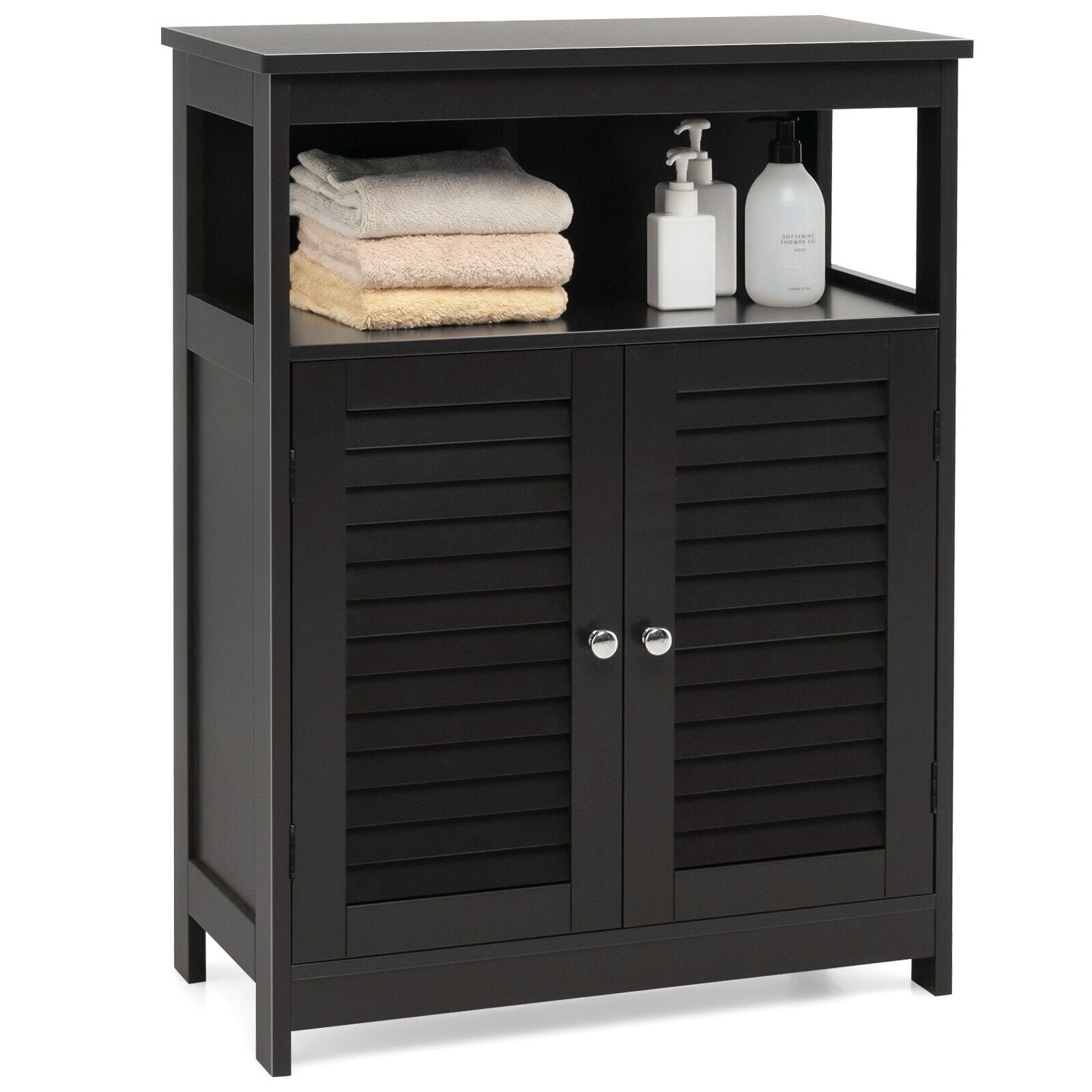 Wood Freestanding Bathroom Storage Cabinet with Double Shutter Door, Black Floor Cabinets   at Gallery Canada