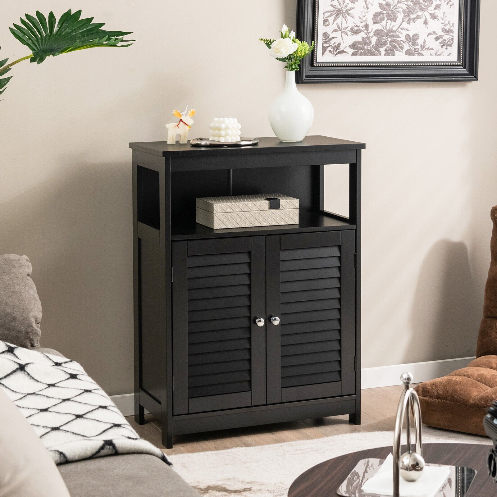 Wood Freestanding Bathroom Storage Cabinet with Double Shutter Door, Black Floor Cabinets   at Gallery Canada