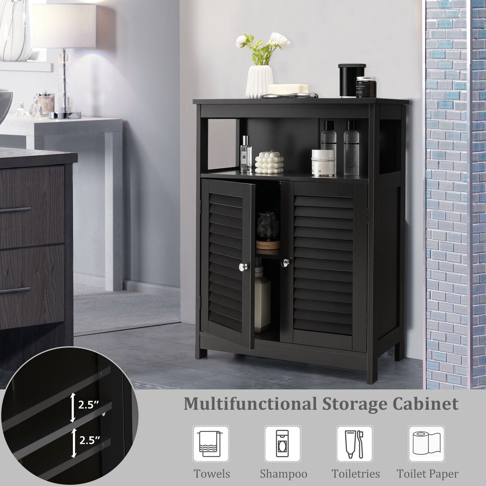 Wood Freestanding Bathroom Storage Cabinet with Double Shutter Door, Black Floor Cabinets   at Gallery Canada