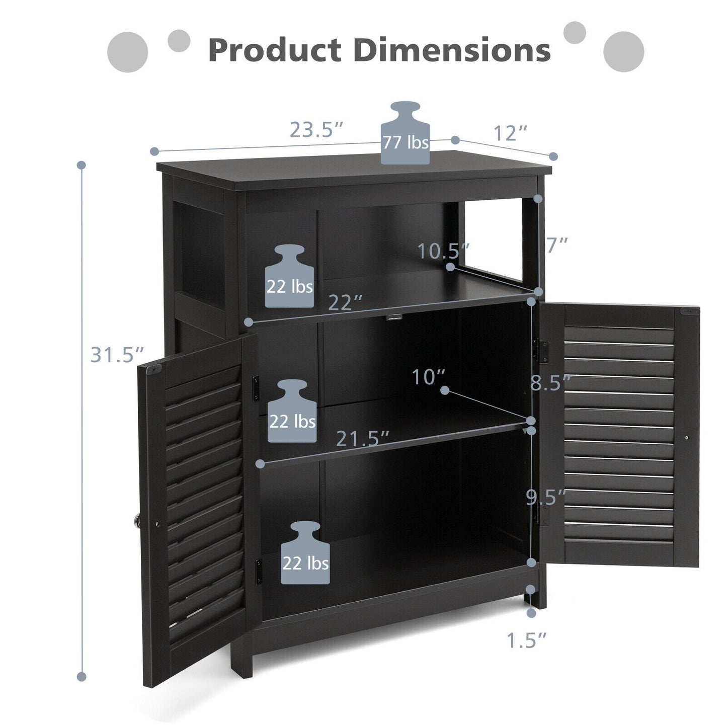 Wood Freestanding Bathroom Storage Cabinet with Double Shutter Door, Black Floor Cabinets   at Gallery Canada