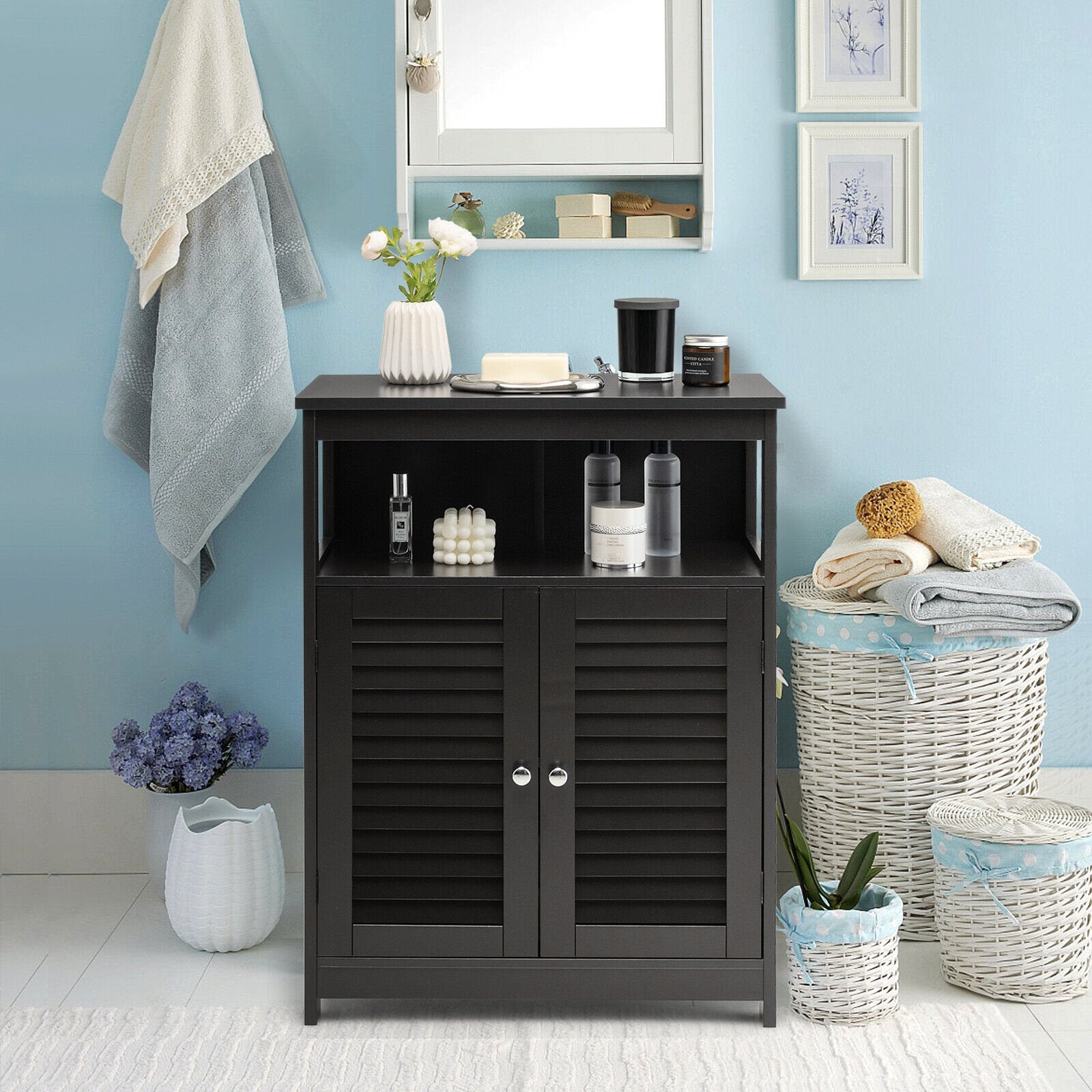 Wood Freestanding Bathroom Storage Cabinet with Double Shutter Door, Black Floor Cabinets   at Gallery Canada