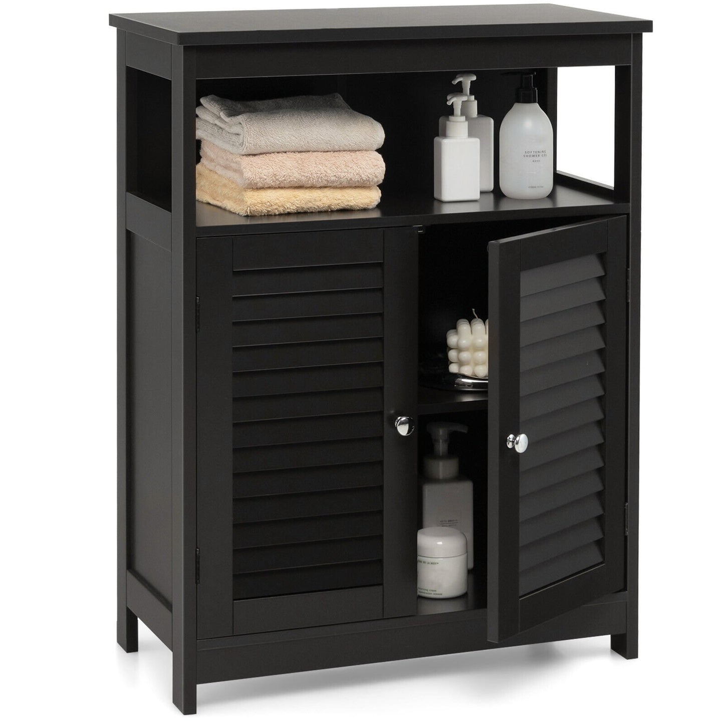 Wood Freestanding Bathroom Storage Cabinet with Double Shutter Door, Black Floor Cabinets   at Gallery Canada