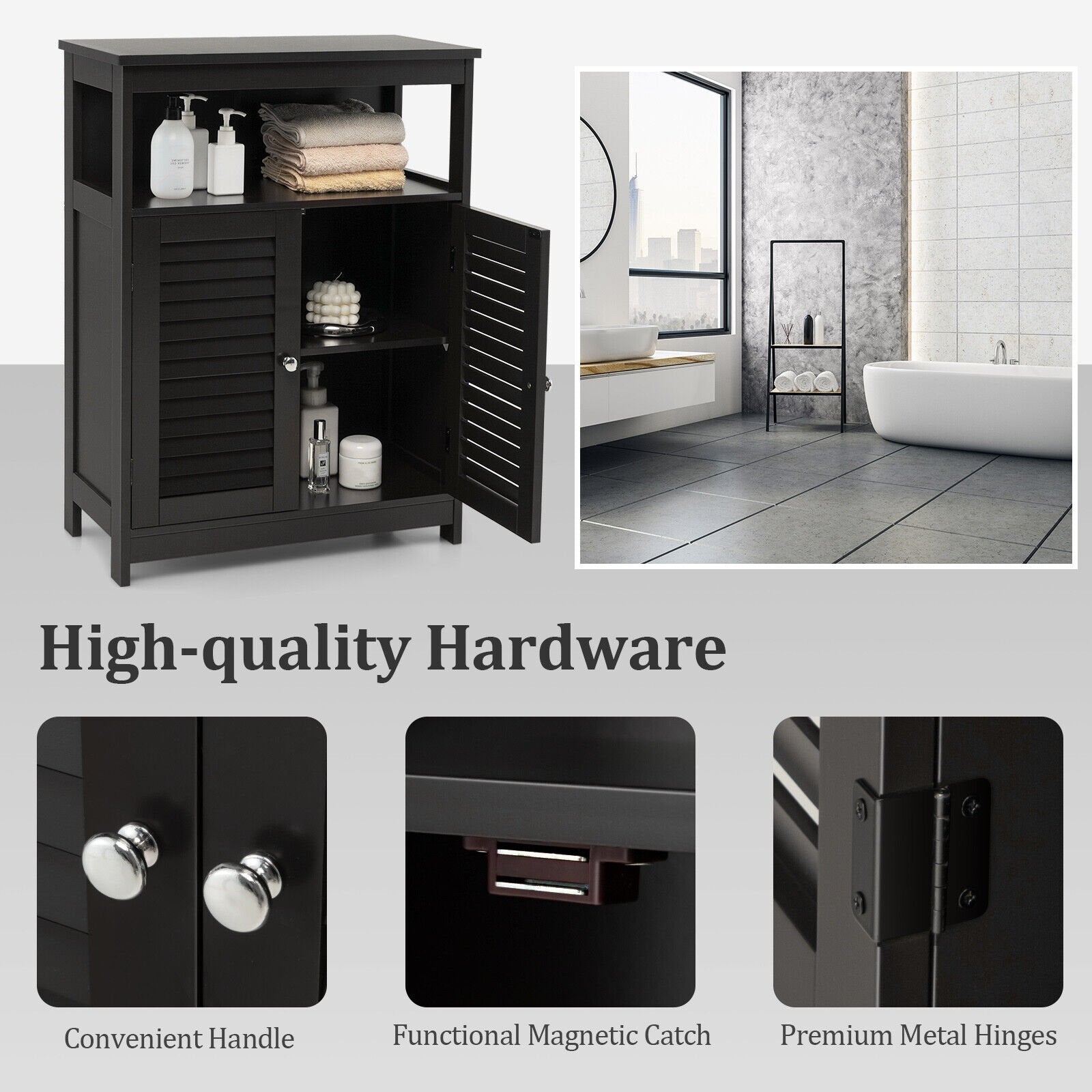 Wood Freestanding Bathroom Storage Cabinet with Double Shutter Door, Black Floor Cabinets   at Gallery Canada