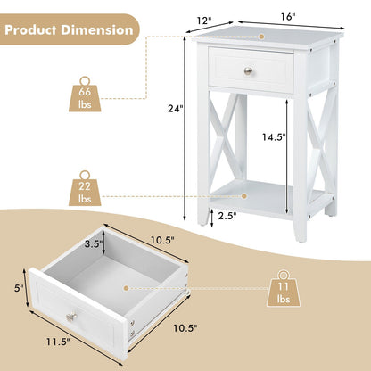 Storage End Bedside Drawer Nightstand w/ Bottom Shelf, White - Gallery Canada