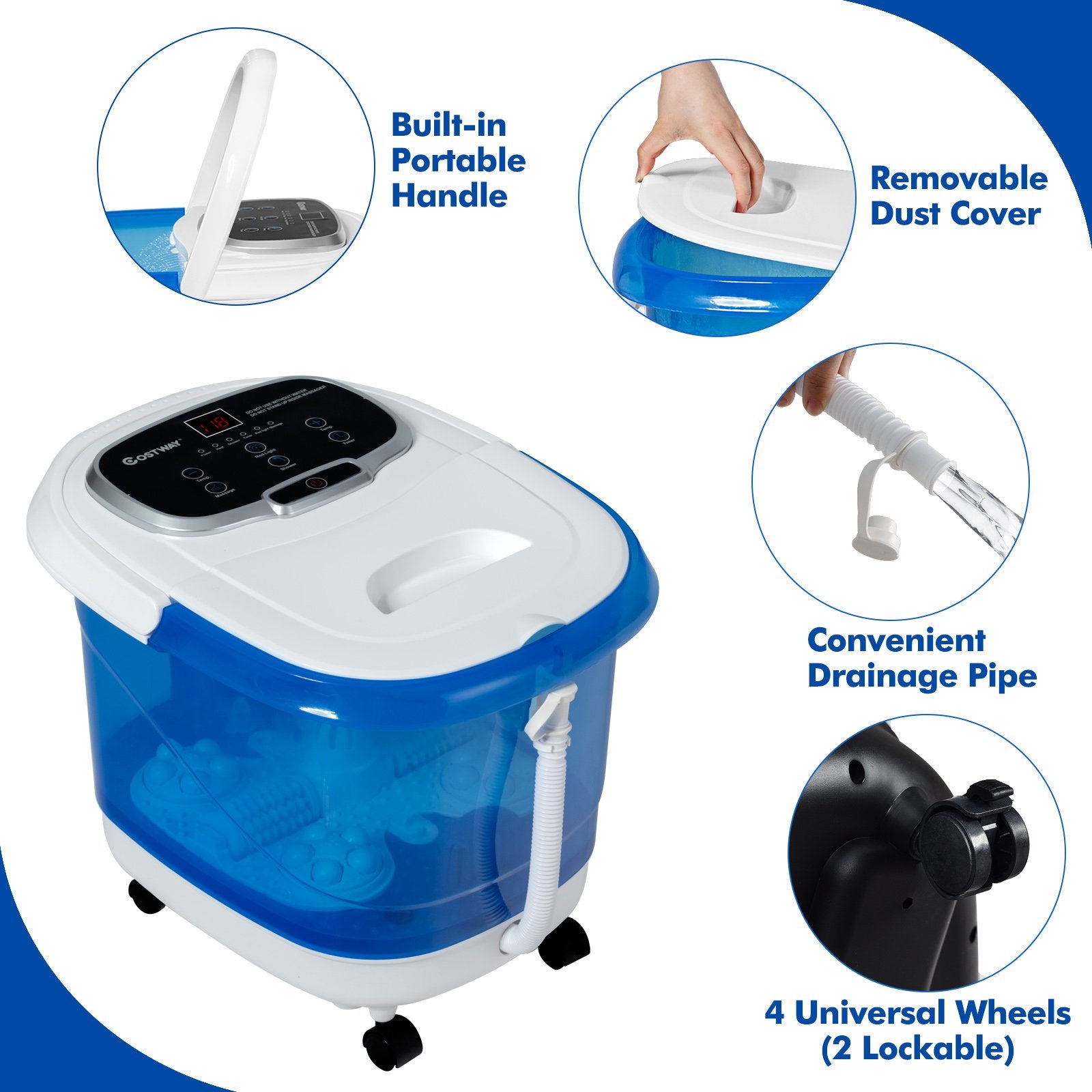 Portable All-In-One Heated Foot Bubble Spa Bath Motorized Massager-Blue and Withe, White - Gallery Canada