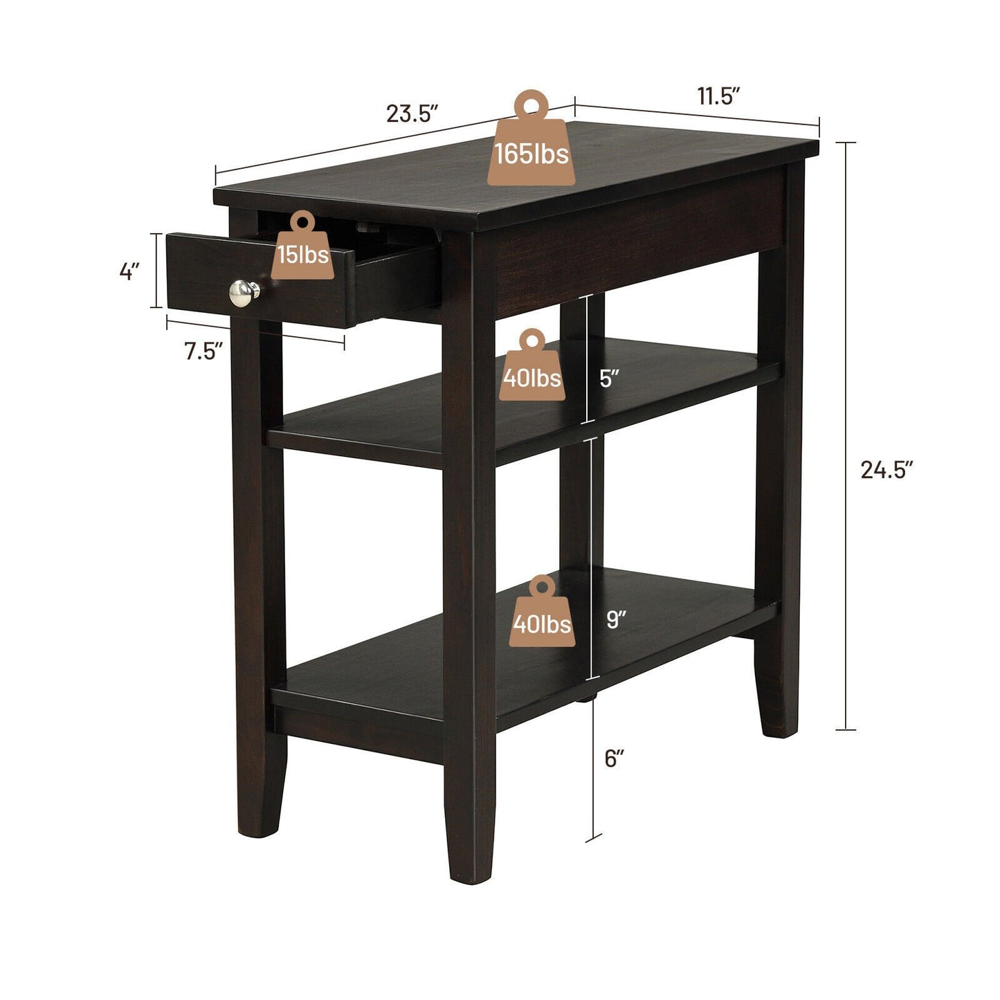 Side End Table with Drawer and 2-Tier Open Storage Shelves for Space Saving, Brown Nightstands   at Gallery Canada