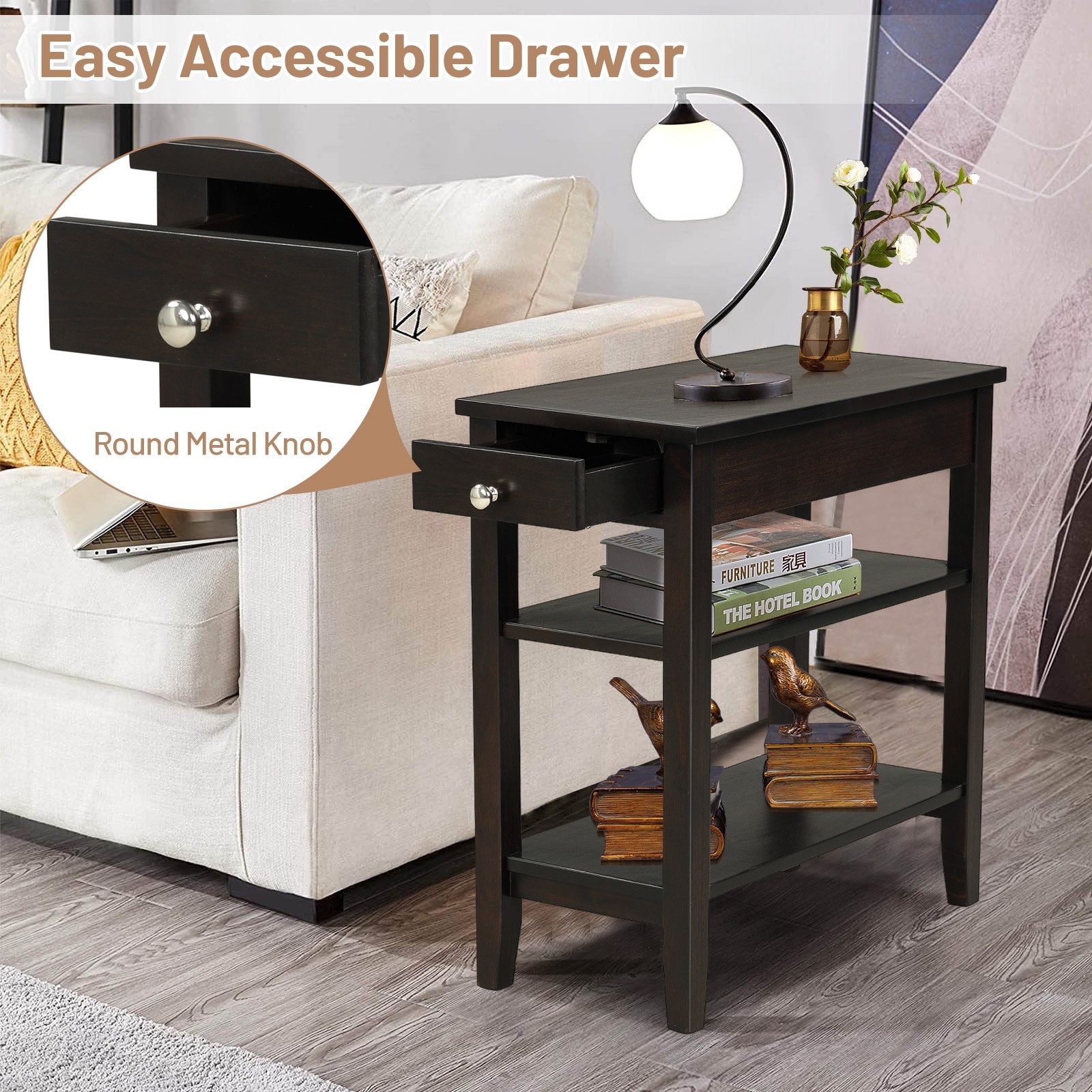 Side End Table with Drawer and 2-Tier Open Storage Shelves for Space Saving, Brown Nightstands   at Gallery Canada