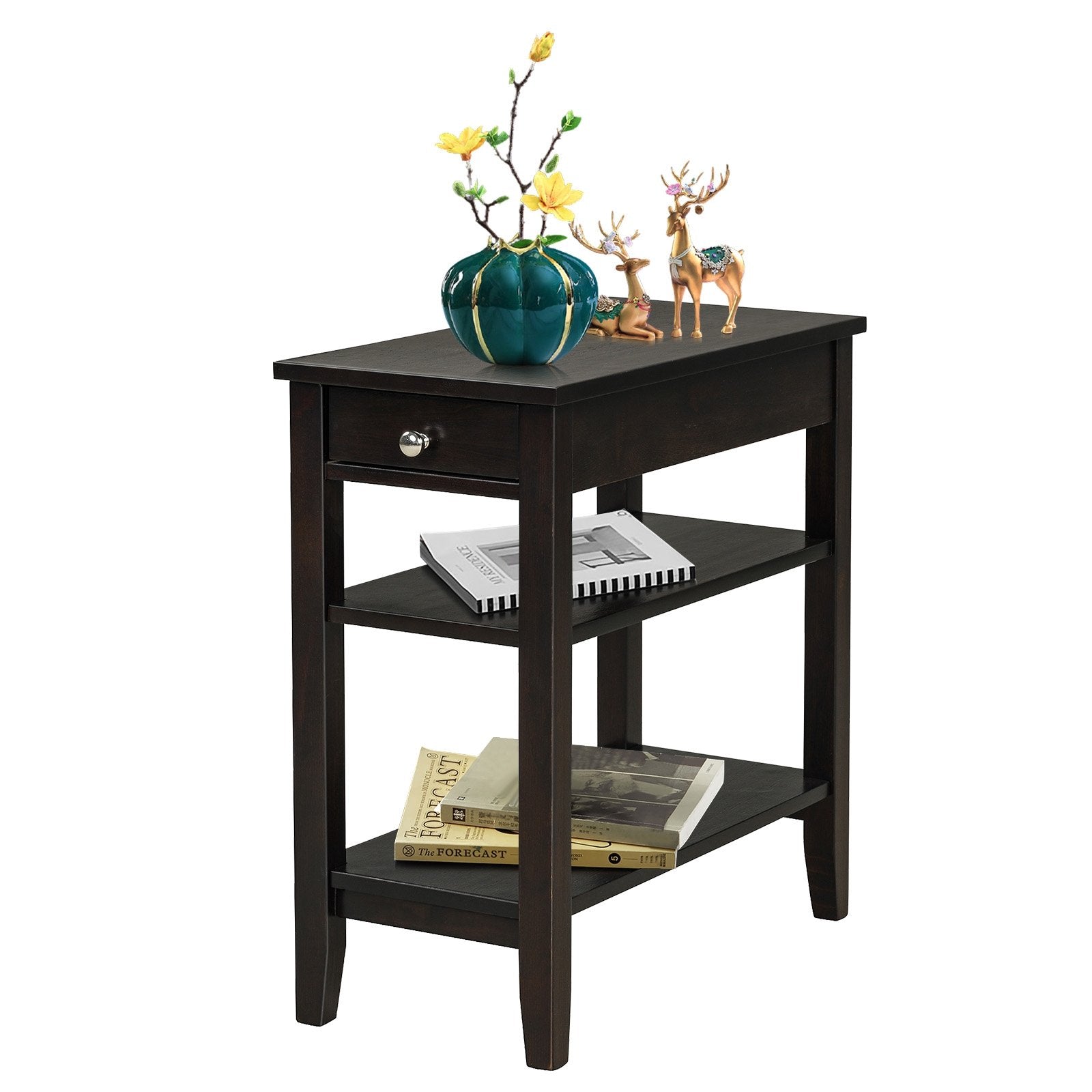 Side End Table with Drawer and 2-Tier Open Storage Shelves for Space Saving, Brown Nightstands   at Gallery Canada