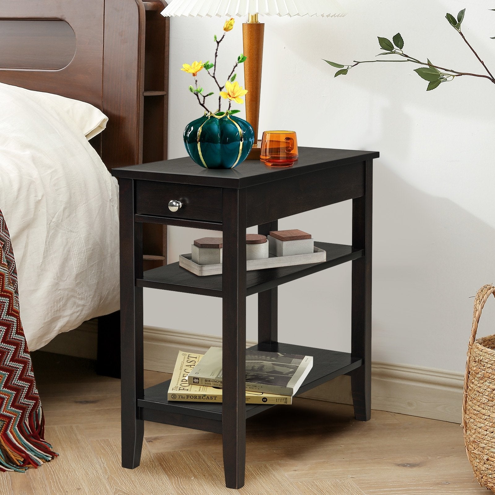 Side End Table with Drawer and 2-Tier Open Storage Shelves for Space Saving, Brown Nightstands   at Gallery Canada